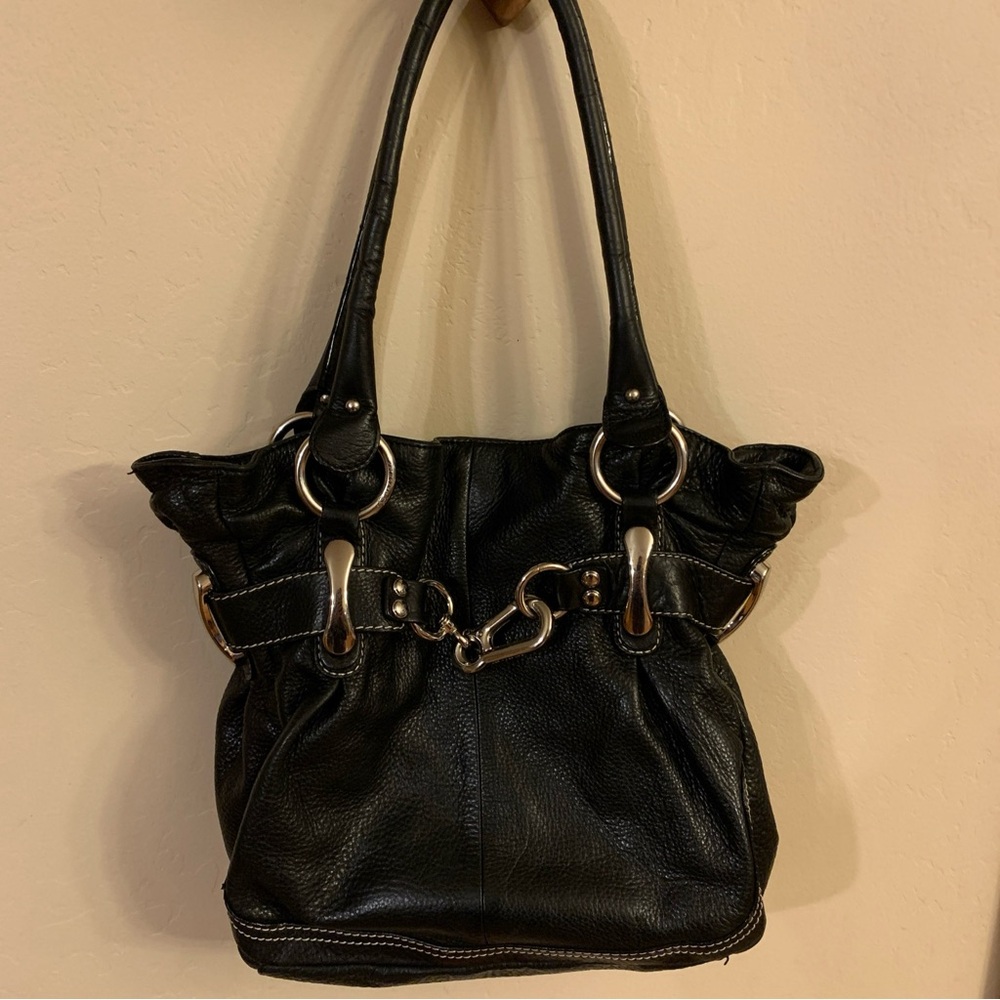 B Makowsky Black Leather Women Double Handle Shoulder Hobo Tote Handbag